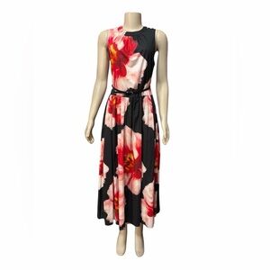 NWT DKNY Size 4 Sleeveless Midi Dress Bold Floral Print Black Cotton Belted